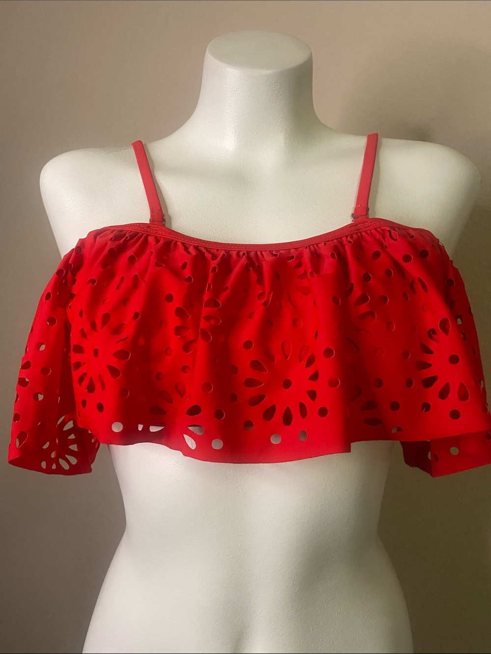 Red Laser-Cut Off-Shoulder Crop swim tube Top